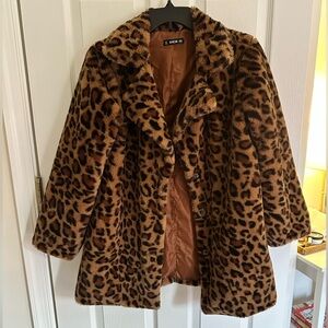 SHEIN Women's Leopard Print Faux Fur Jacket